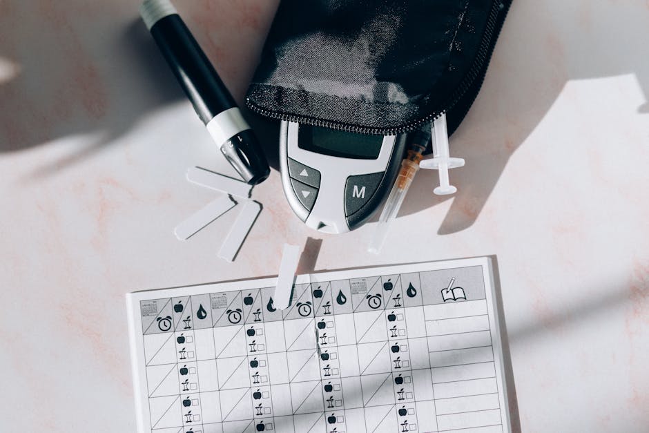 Image of a diabetes management kit including a glucometer, syringes, and monitoring chart.