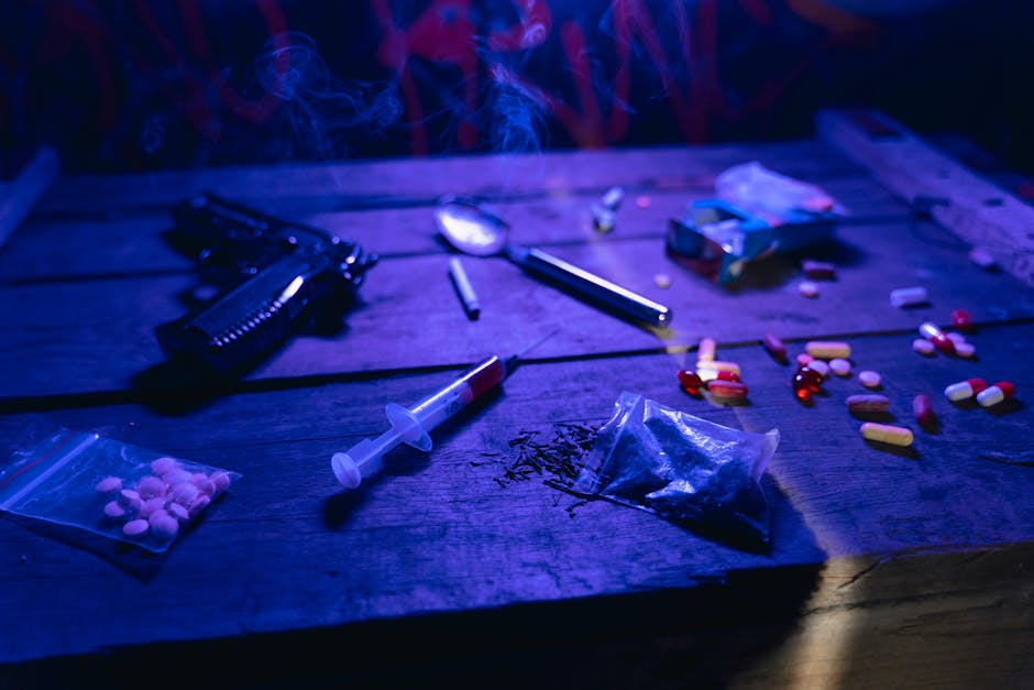 A moody scene displaying drugs, a gun, and smoke under dramatic lighting.