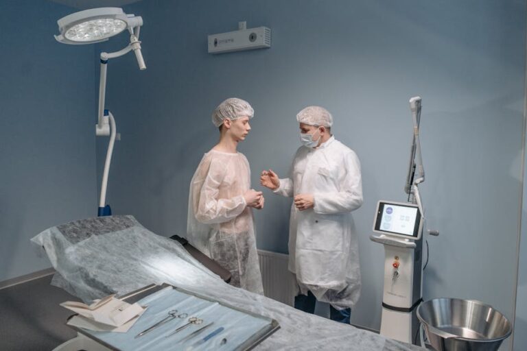 Doctor and patient in a medical consultation at a clinic with surgical equipment.