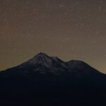 Captivating view of a star-filled sky over a snow-capped mountain at night.
