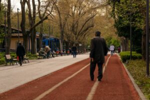 An elderly man walks in a peaceful park surrounded by trees on a tranquil day.